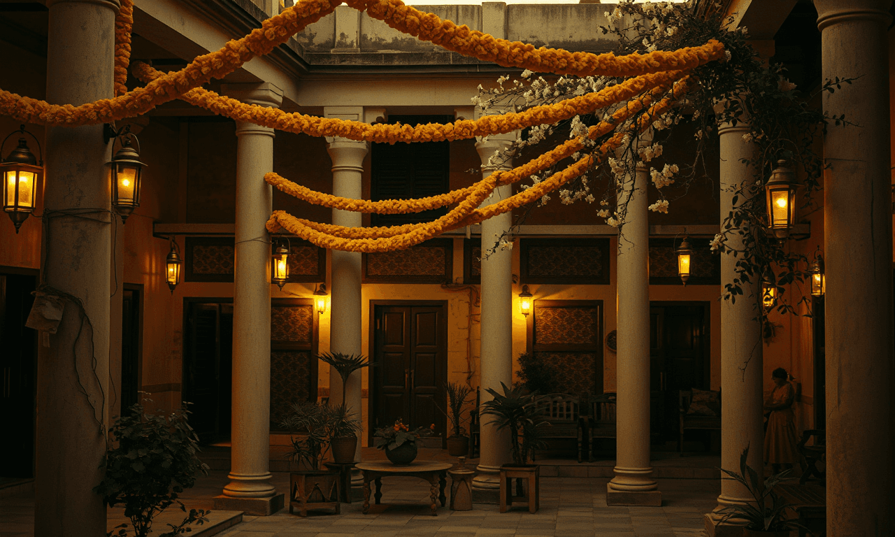 A traditional Indian courtyard with marigold garlands at dusk