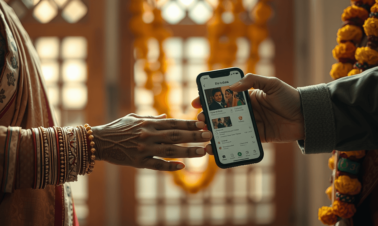 Two pairs of hands meeting — one passing a phone showing a bio-data